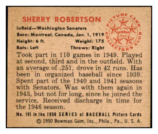 1950 Bowman Baseball #161 Sherry Robertson Senators EX-MT 440216