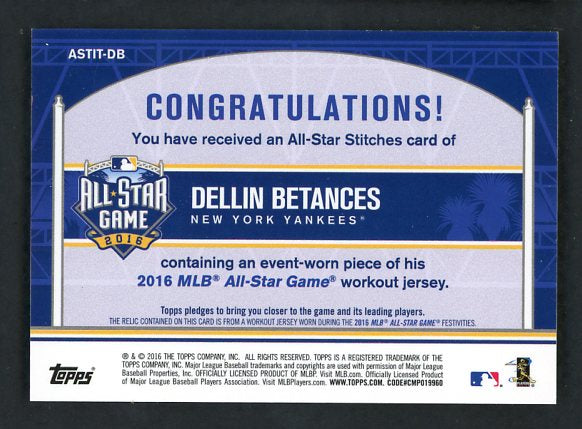 2016 Topps All Star Stitches ASTIT-DB Dellin Betances Yankees 441059
