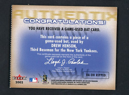 2002 Fleer Authentix BA-DH Drew Henson Yankees 441065
