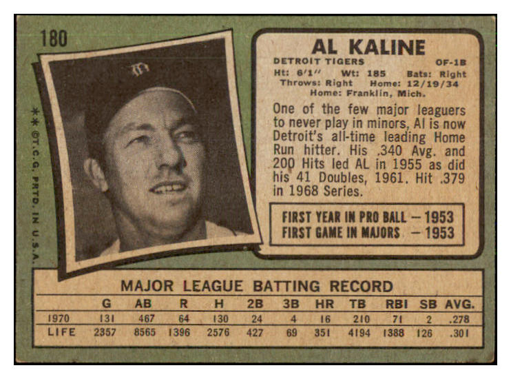 1971 Topps Baseball #180 Al Kaline Tigers EX-MT 441324