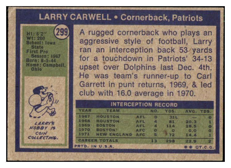 1972 Topps Football #299 Larry Carwell Patriots EX-MT 441340