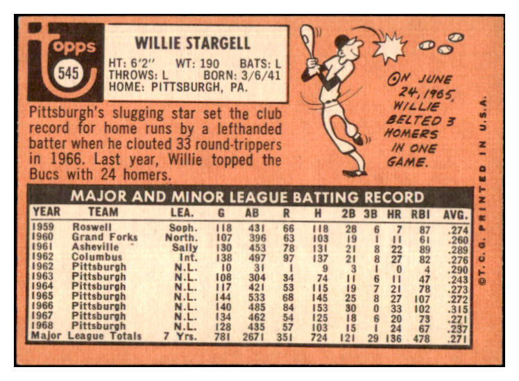 1969 Topps Baseball #545 Willie Stargell Pirates NR-MT 444028