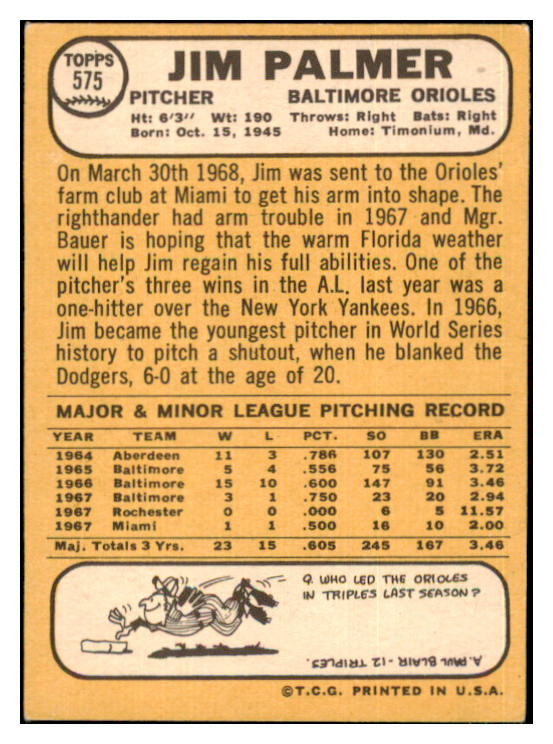 1968 Topps Baseball #575 Jim Palmer Orioles EX 444048