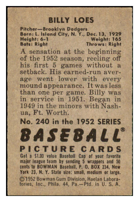 1952 Bowman Baseball #240 Billy Loes Dodgers NR-MT 445277