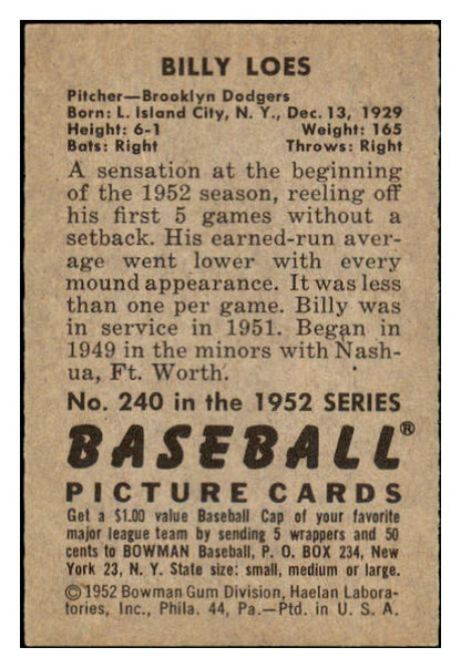 1952 Bowman Baseball #240 Billy Loes Dodgers NR-MT 445277