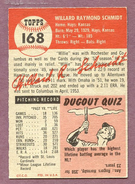 1953 Topps Baseball #168 Willard Schmidt Cardinals EX 448421
