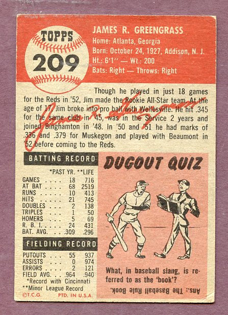 1953 Topps Baseball #209 Jim Greengrass Reds EX 448473