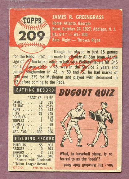 1953 Topps Baseball #209 Jim Greengrass Reds EX 448473