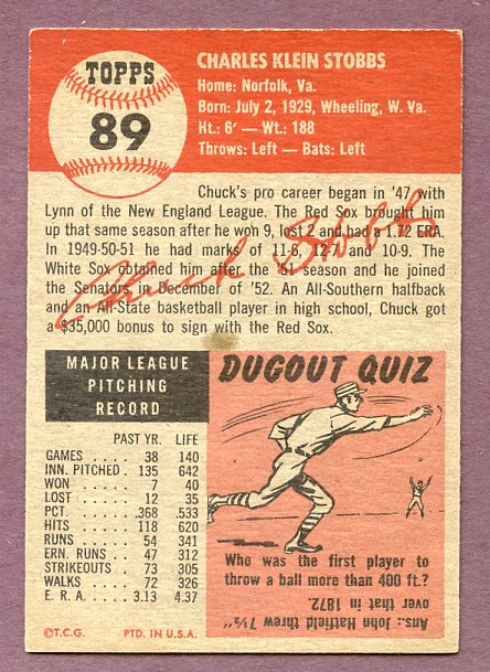 1953 Topps Baseball #089 Chuck Stobbs Senators EX 448491