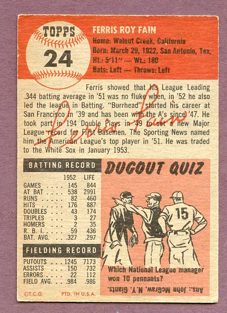 1953 Topps Baseball #024 Ferris Fain A's EX 448492