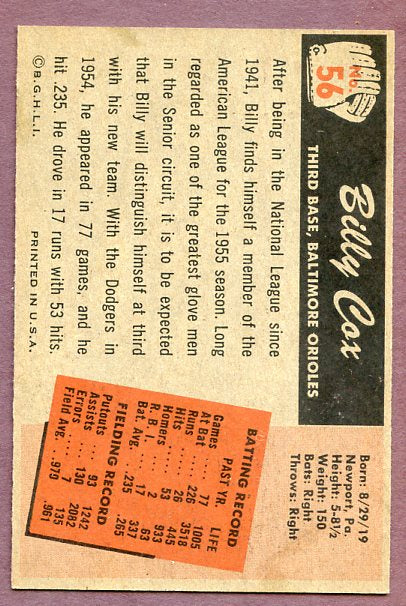 1955 Bowman Baseball #056 Billy Cox A's EX-MT 448724