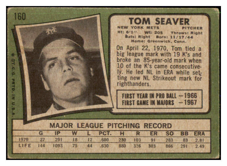 1971 Topps Baseball #160 Tom Seaver Mets GD-VG 449016