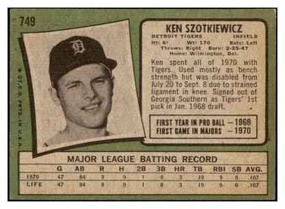 1971 Topps Baseball #749 Ken Szotkiewicz Tigers EX 449494