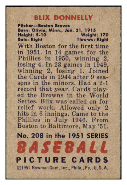 1951 Bowman Baseball #208 Blix Donnelly Braves NR-MT 449807