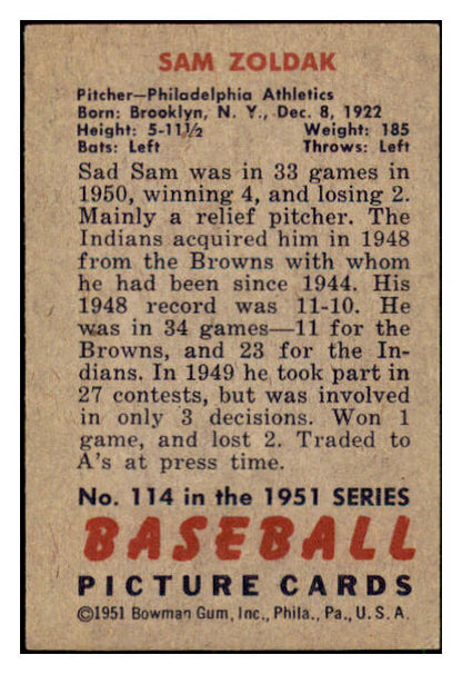 1951 Bowman Baseball #114 Sam Zoldak A's VG-EX 449870