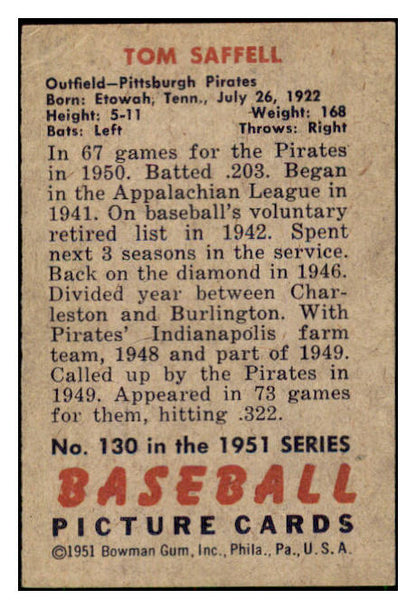 1951 Bowman Baseball #130 Tom Saffell Pirates VG 449877