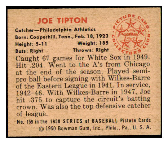 1950 Bowman Baseball #159 Joe Tipton A's NR-MT 449931