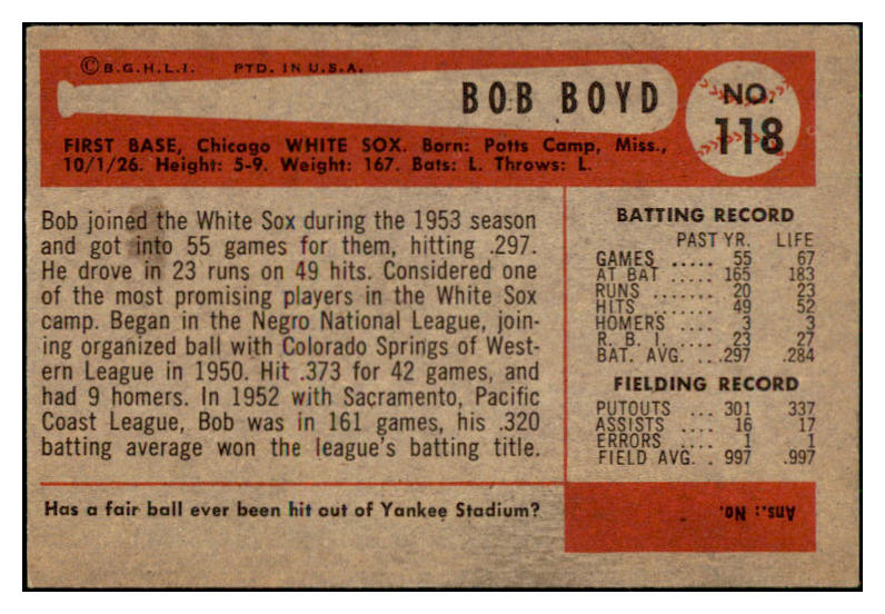 1954 Bowman Baseball #118 Bob Boyd White Sox EX-MT 449969