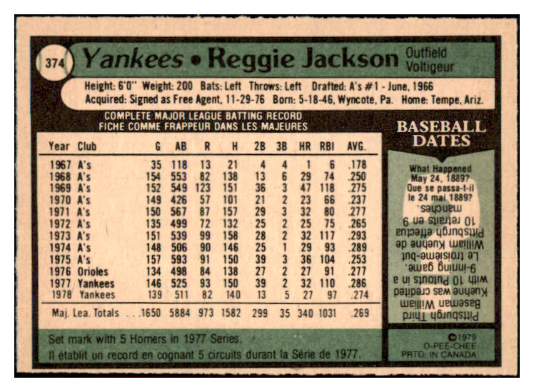 1979 O Pee Chee #374 Reggie Jackson Yankees NR-MT 451382