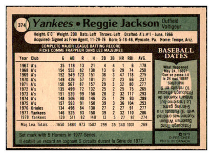 1979 O Pee Chee #374 Reggie Jackson Yankees NR-MT 451382