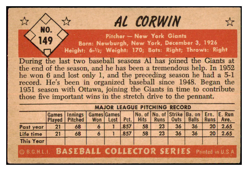 1953 Bowman Color Baseball #149 Al Corwin Giants EX 451871
