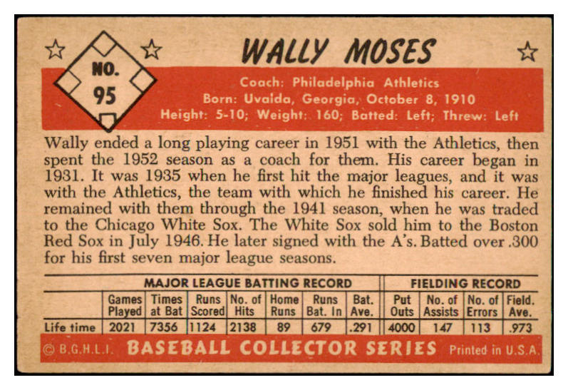1953 Bowman Color Baseball #095 Wally Moses A's EX 451909