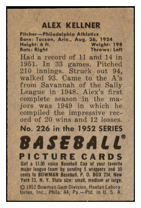 1952 Bowman Baseball #226 Alex Kellner A's VG-EX 452151