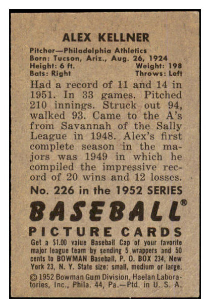 1952 Bowman Baseball #226 Alex Kellner A's VG-EX 452151