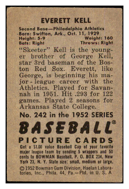 1952 Bowman Baseball #242 Everett Kell A's EX 452161