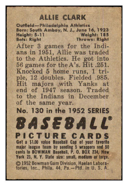 1952 Bowman Baseball #130 Allie Clark A's EX-MT 452186