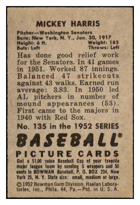 1952 Bowman Baseball #135 Mickey Harris Senators EX-MT 452188