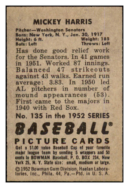 1952 Bowman Baseball #135 Mickey Harris Senators EX-MT 452188