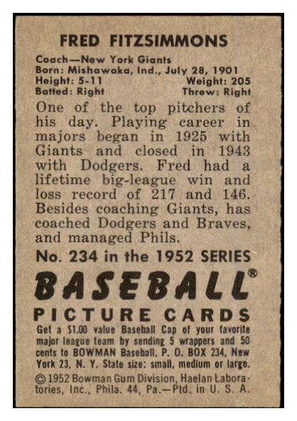 1952 Bowman Baseball #234 Fred Fitzsimmons Giants NR-MT 452229