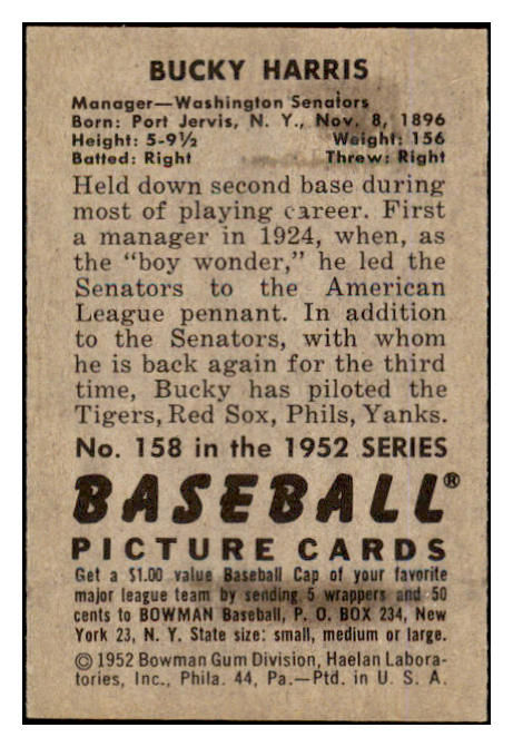 1952 Bowman Baseball #158 Bucky Harris Senators NR-MT 452245