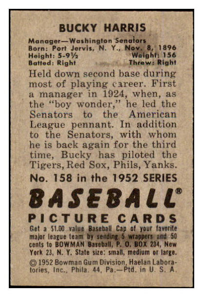 1952 Bowman Baseball #158 Bucky Harris Senators NR-MT 452245