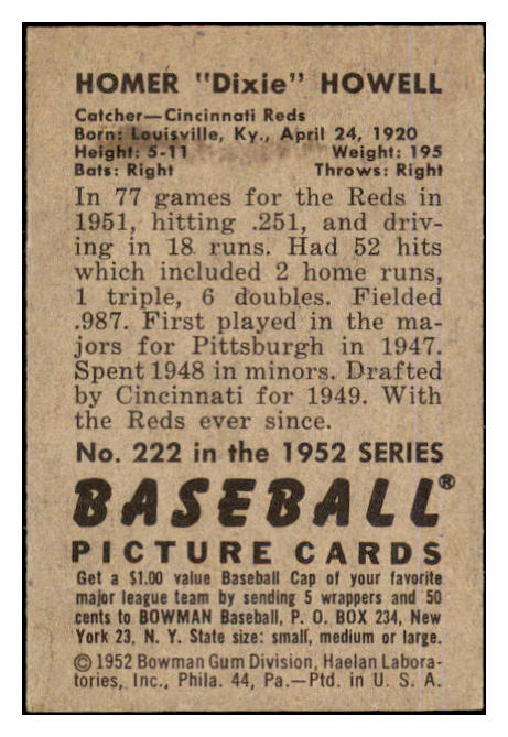 1952 Bowman Baseball #222 Dixie Howell Reds EX-MT 452272