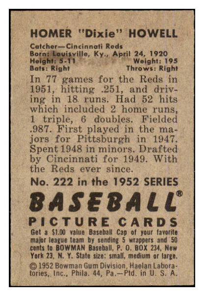 1952 Bowman Baseball #222 Dixie Howell Reds EX-MT 452272