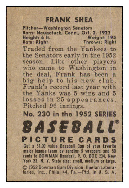 1952 Bowman Baseball #230 Frank Shea Senators EX-MT 452277