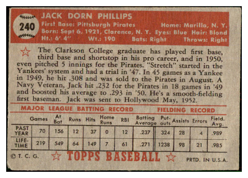 1952 Topps Baseball #240 Jack Phillips Pirates GD-VG 452398