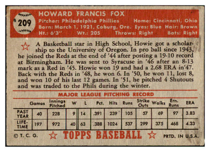 1952 Topps Baseball #209 Howie Fox Phillies Good 452404