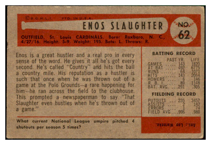 1954 Bowman Baseball #062 Enos Slaughter Cardinals VG 452416