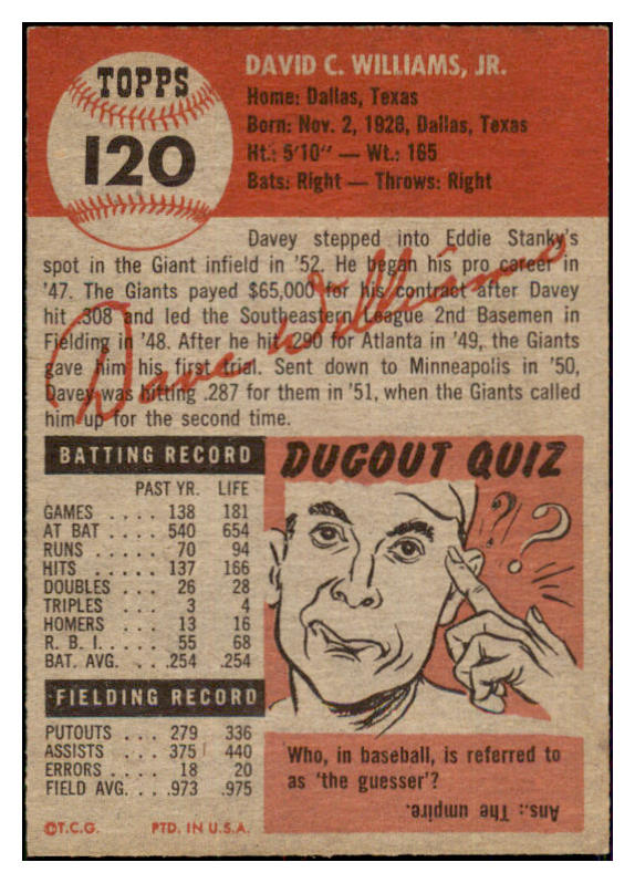 1953 Topps Baseball #120 Davey Williams Giants EX-MT 453290