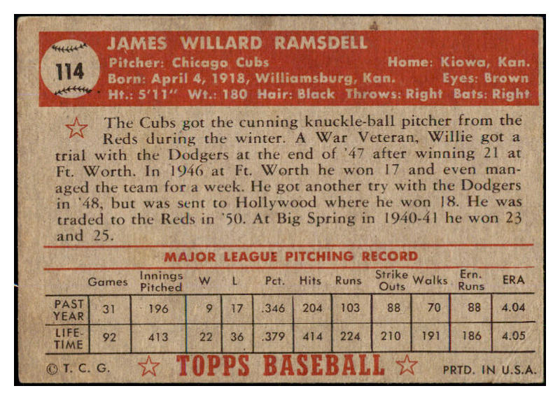 1952 Topps Baseball #114 Willard Ramsdell Cubs VG 453561