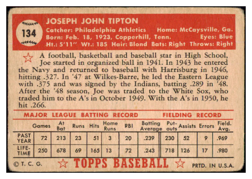 1952 Topps Baseball #134 Joe Tipton A's GD-VG 453574