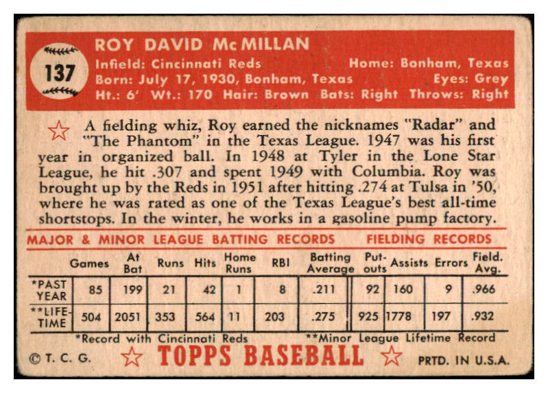 1952 Topps Baseball #137 Roy McMillan Reds GD-VG 453575