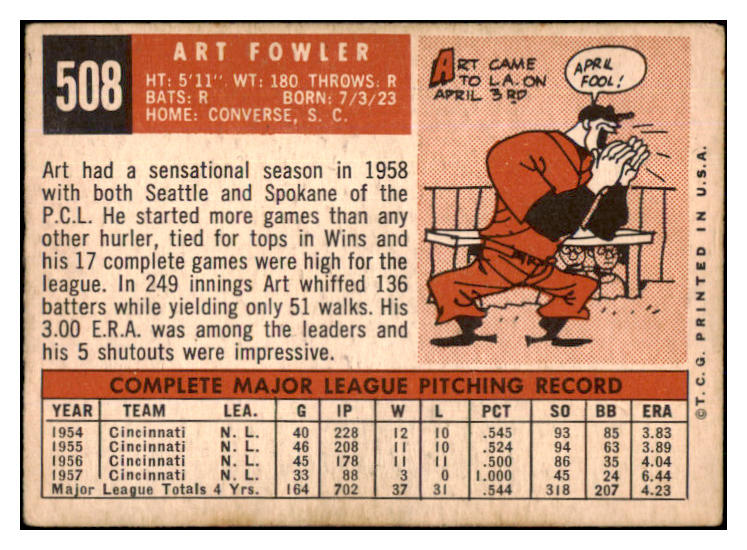 1959 Topps Baseball #508 Art Fowler Dodgers VG-EX 454494