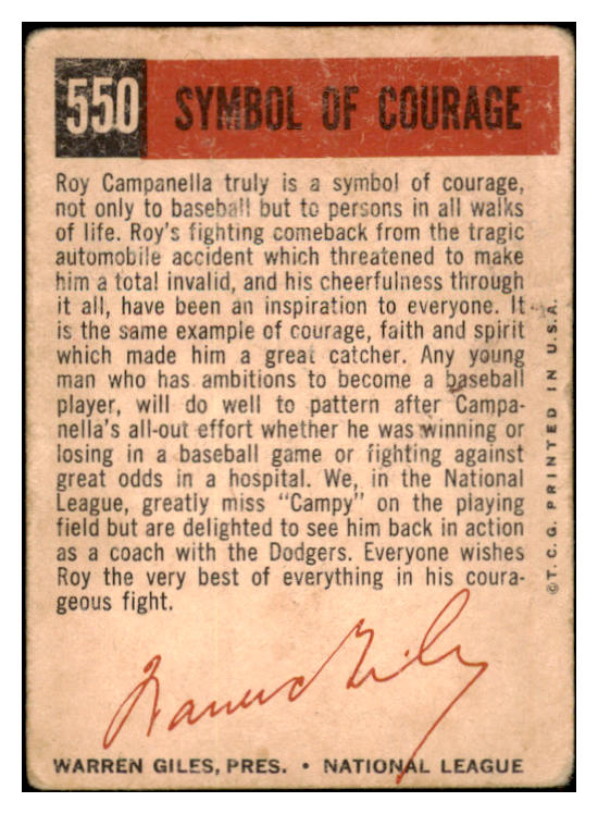 1959 Topps Baseball #550 Roy Campanella Dodgers Good 455405