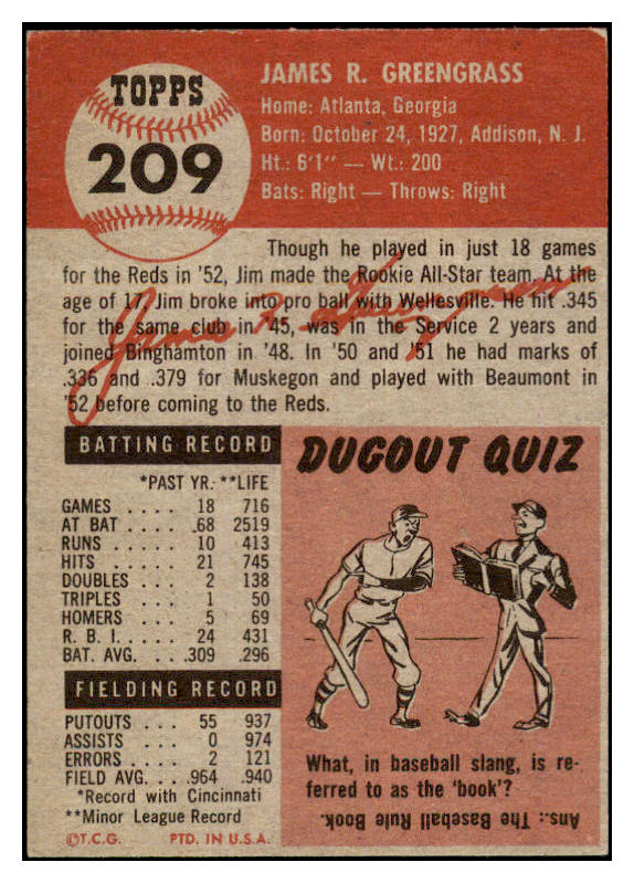 1953 Topps Baseball #209 Jim Greengrass Reds EX-MT 455648
