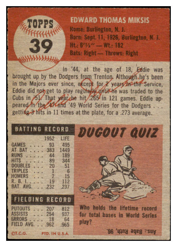 1953 Topps Baseball #039 Eddie Miksis Cubs EX-MT 455705