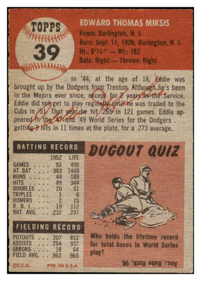 1953 Topps Baseball #039 Eddie Miksis Cubs EX-MT 455705